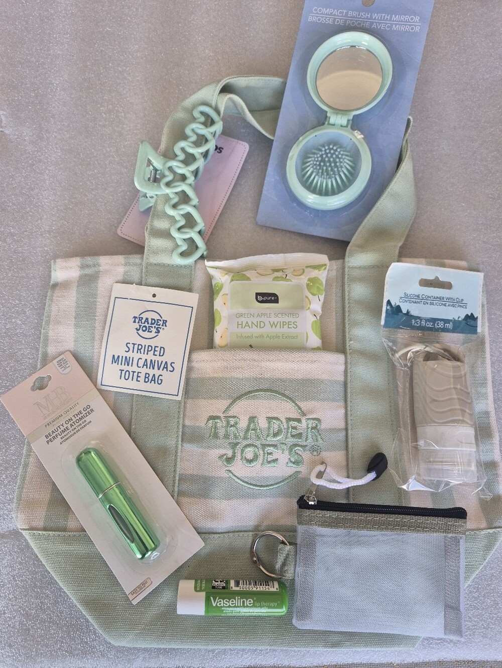 💚Trader Joe's Mint Green Striped Canvas Tote- Gift Set💚